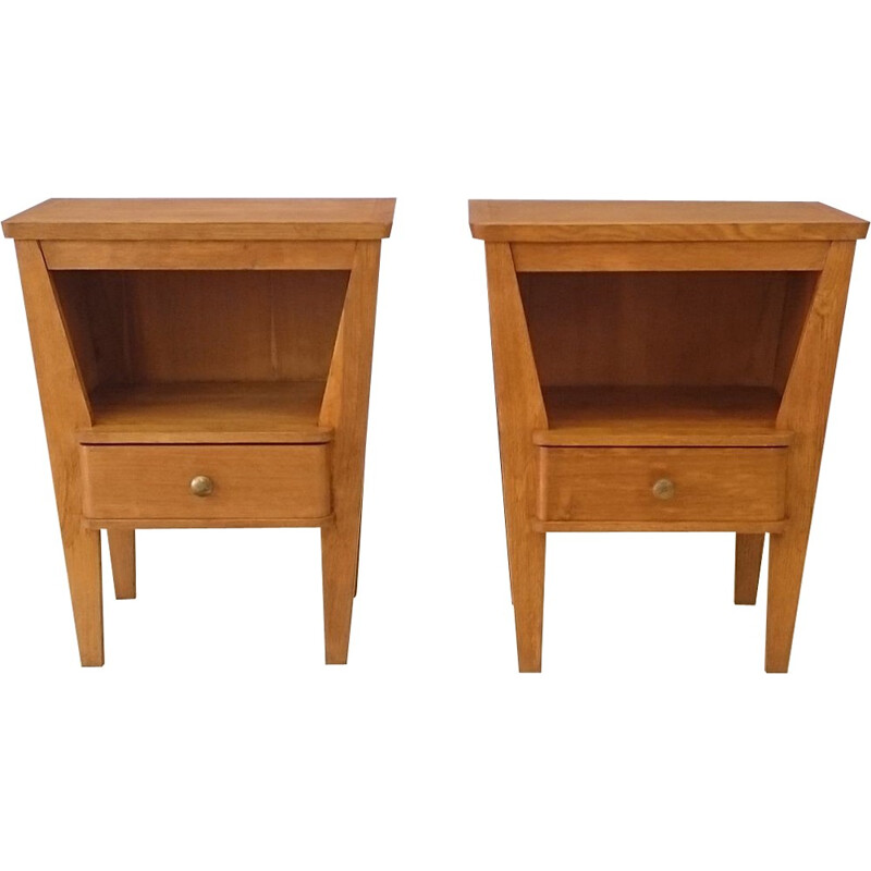 Pair of modernist bedside tables in light oak - 1950s