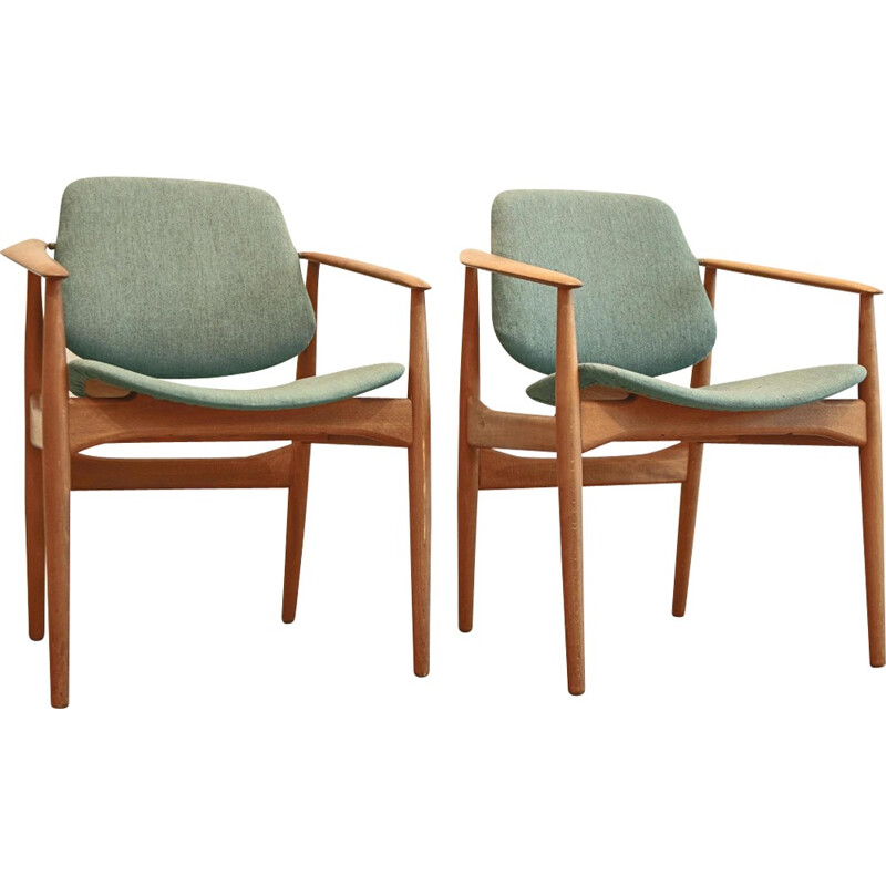 Pair of mid-century wooden armchair wool green colored - 1960s