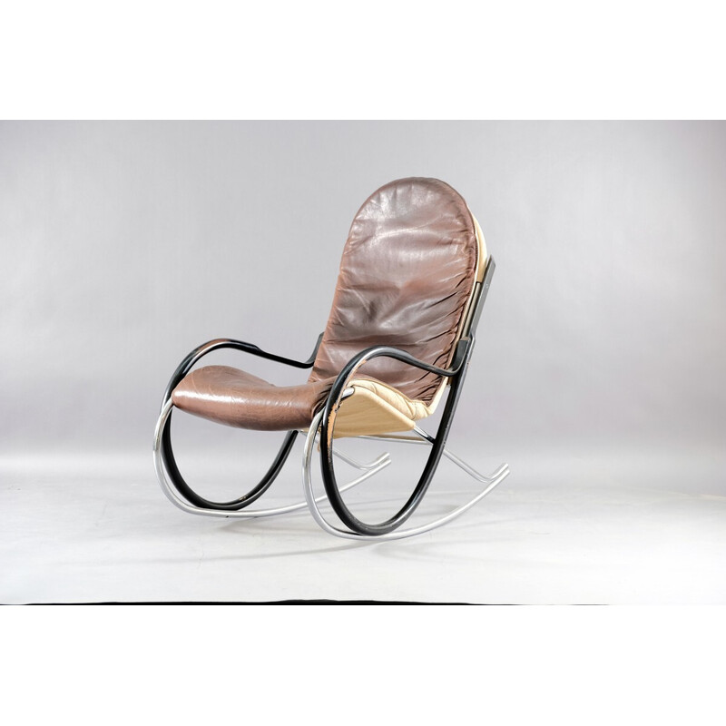 Vintage Nonna rocking chair in leather and metal by Paul Tuttle for Strässle, Switzerland 1970