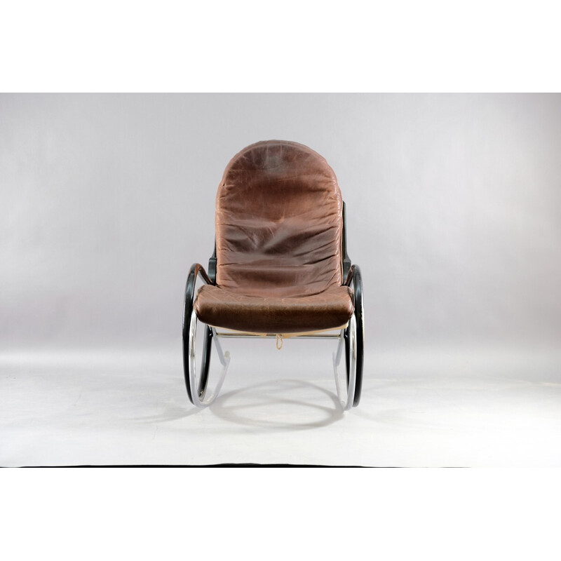 Vintage Nonna rocking chair in leather and metal by Paul Tuttle for Strässle, Switzerland 1970