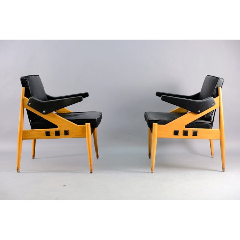 Paire de fauteuils vintage SE122 A en bois de hêtre et cuir par Egon Eiermann pour Wilde et Spieth, Allemagne 1950