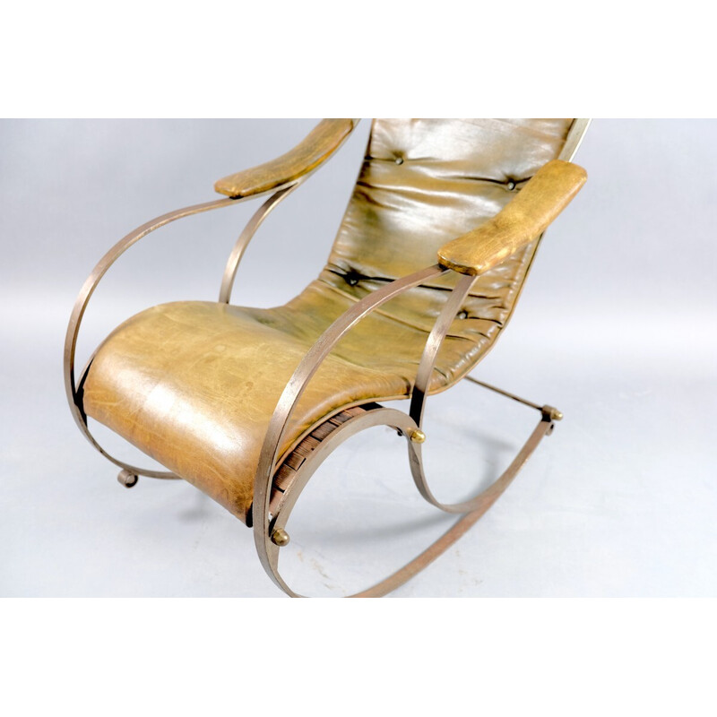 Vintage leren en metalen schommelstoel van Peter Cooper voor R.W. Winfried, Engeland 1890