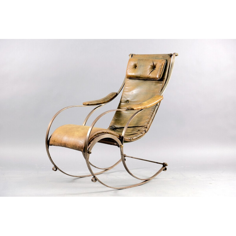 Vintage leather and metal rocking chair by Peter Cooper for R.W. Winfried, England 1890