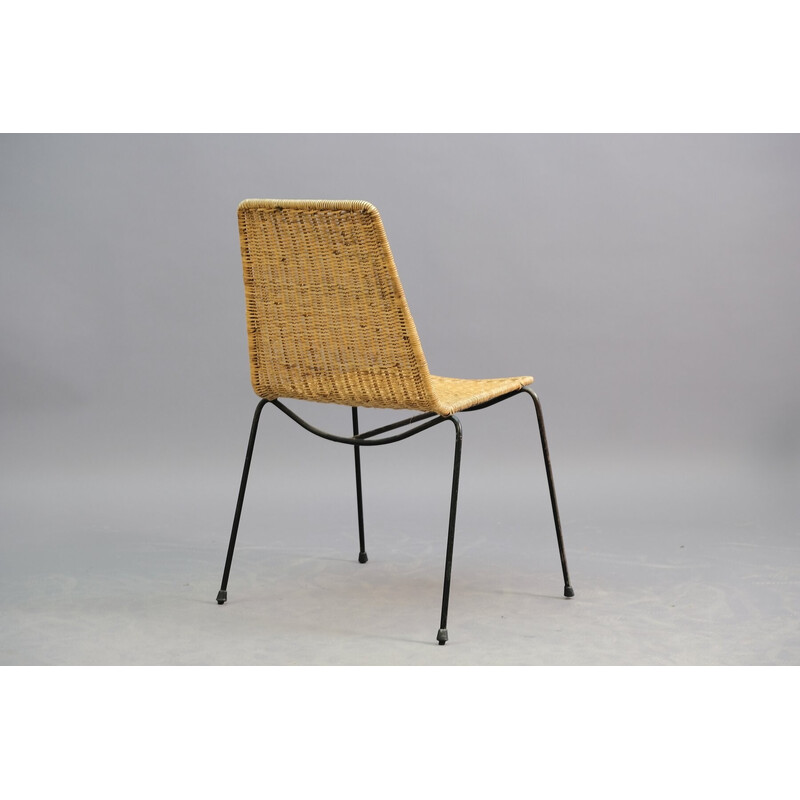 Lot de 4 chaises à repas vintage en fer, maille en osier, Italie 1950