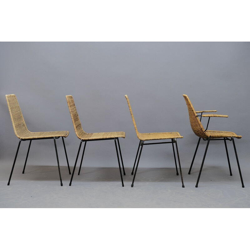 Set of 4 vintage iron dining chairs, wicker mesh, Italy 1950