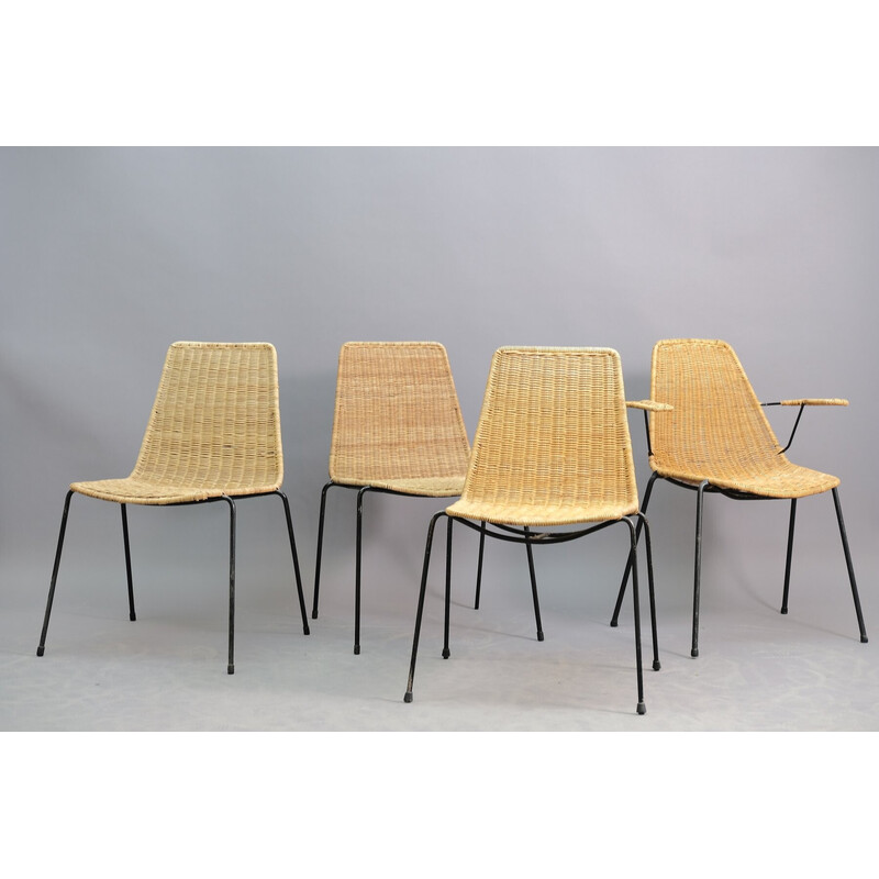 Conjunto de 4 cadeiras de jantar vintage em ferro, rede de vime, Itália 1950