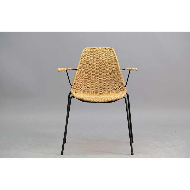 Lot de 4 chaises à repas vintage en fer, maille en osier, Italie 1950