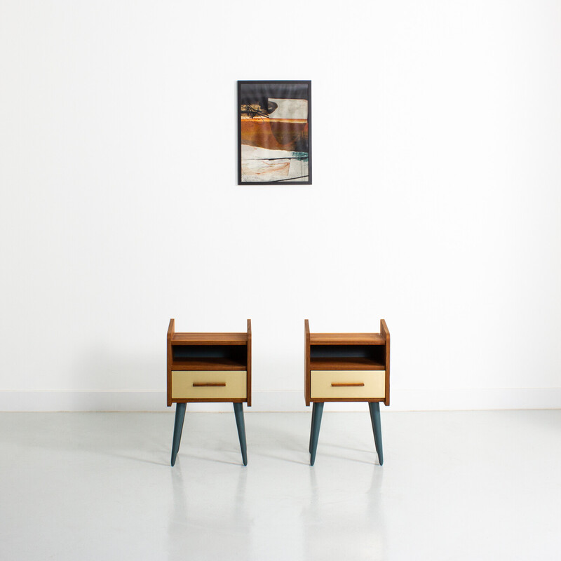 Pair of vintage teak and brass bedside tables