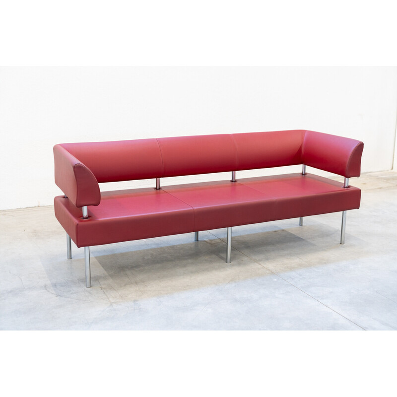 Vintage 3-Sitzer Sofa in rotem Leder und verchromten Eisenbeinen, Italien 1990