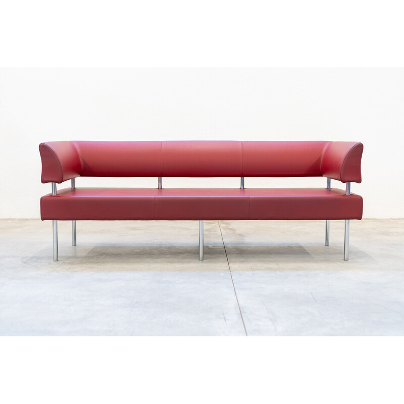 Vintage 3-seater sofa in red leather and chrome iron legs, Italy 1990