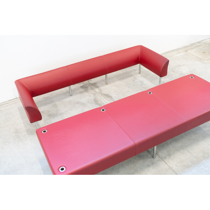 Vintage 3-seater sofa in red leather and chrome iron legs, Italy 1990