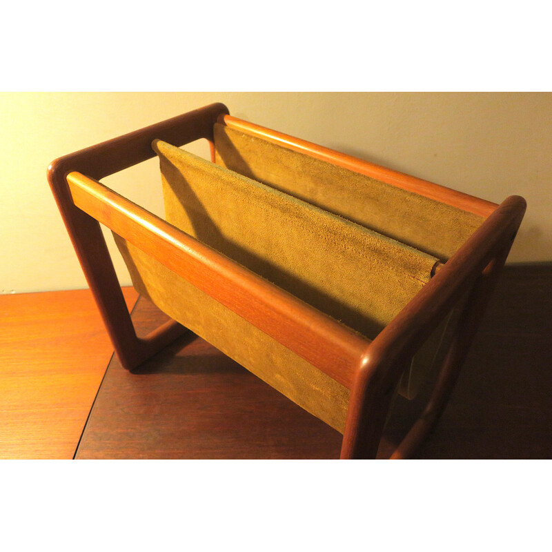 Vintage teak and suede leather magazine rack by Aksel Kjersgaard, Denmark 1960