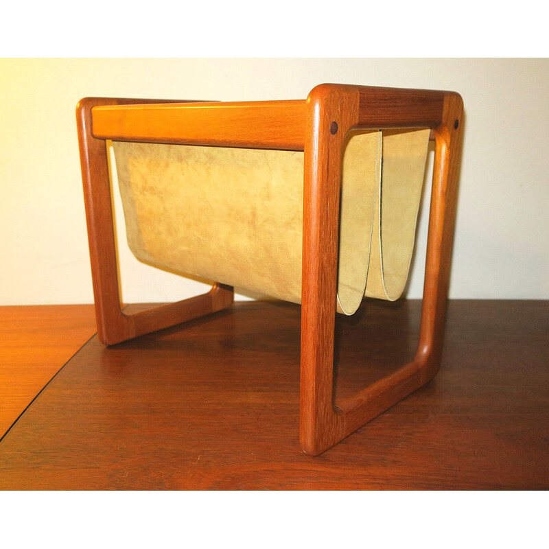 Vintage teak and suede leather magazine rack by Aksel Kjersgaard, Denmark 1960