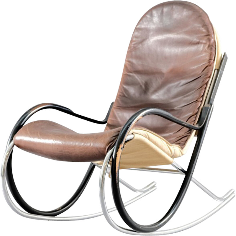 Vintage Nonna rocking chair in leather and metal by Paul Tuttle for Strässle, Switzerland 1970