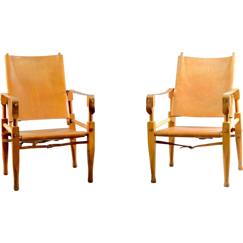 Pair of vintage Safari armchairs in Cognac leather by Wilhelm Kienzle for Wohnbedarf, Switzerland 1949