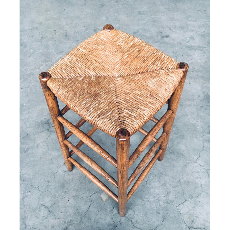 Vintage solid oak bar stool with woven rush seat, France 1950