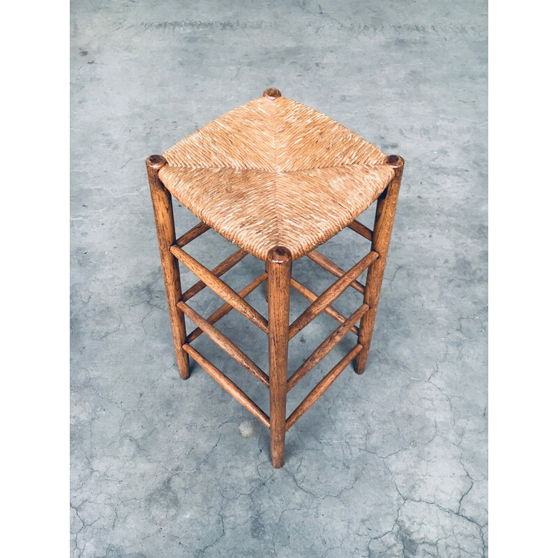 Vintage solid oak bar stool with woven rush seat, France 1950