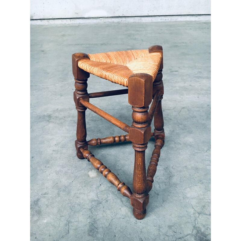 Vintage Rush stool in elm wood with woven rush seat, France 1940