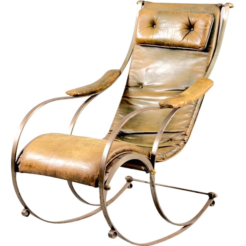 Vintage leather and metal rocking chair by Peter Cooper for R.W. Winfried, England 1890