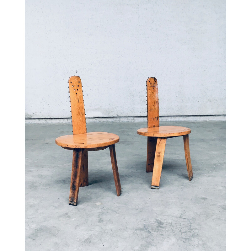 Pair of vintage Sawback side chairs in light oak, France 1960