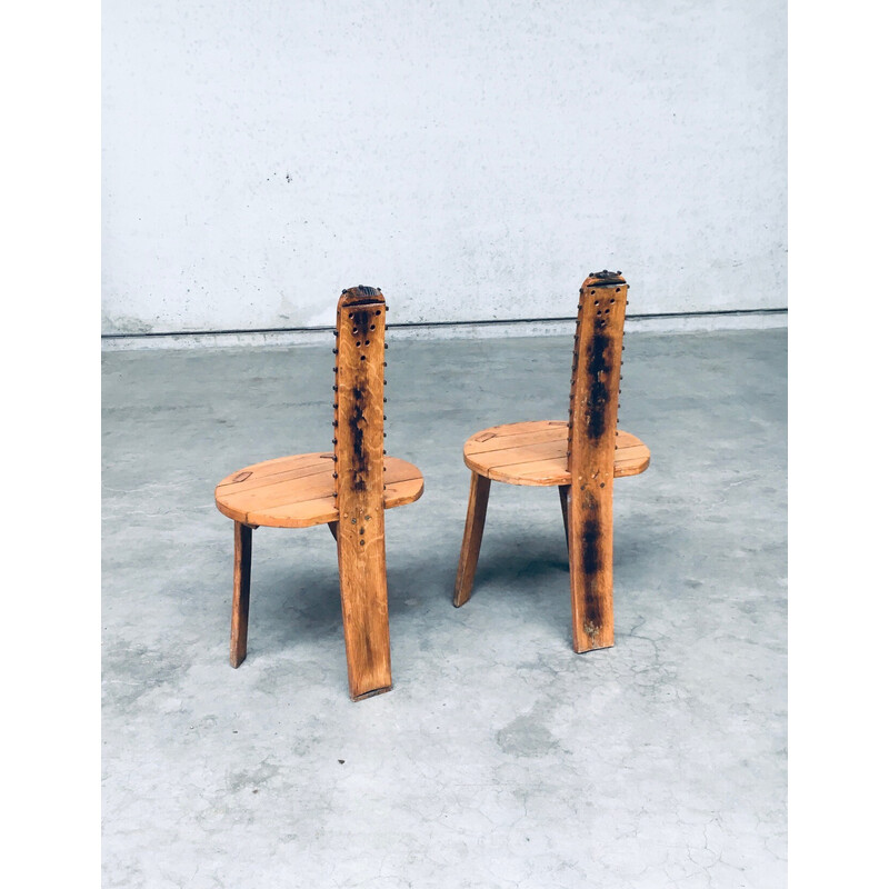 Pair of vintage Sawback side chairs in light oak, France 1960