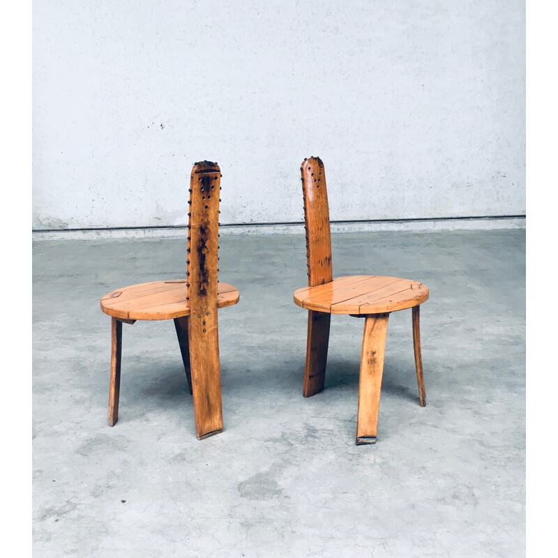 Pair of vintage Sawback side chairs in light oak, France 1960