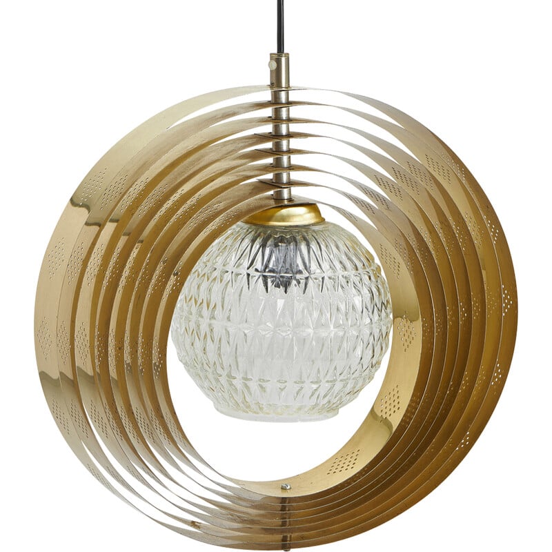 Vintage 'Moon' pendant lamp in brass and glass for Werner Schou, Denmark 1970
