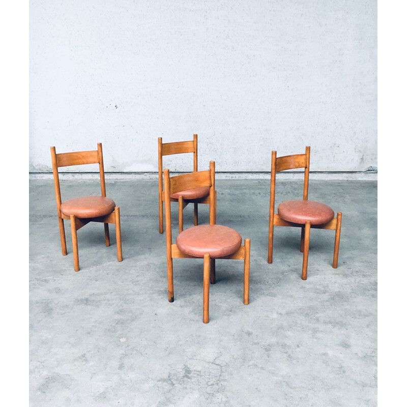 Set of 4 vintage Méribel dining chairs in beech and imitation leather by Charlotte Perriand, France 1960