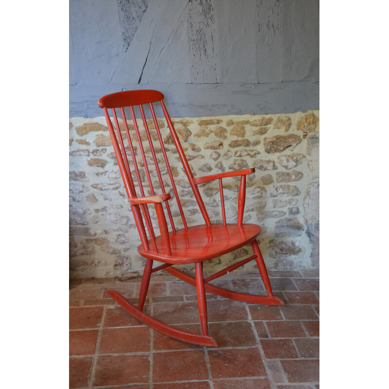 Red rocking chair produced by Farstrup Mobler - 1960s