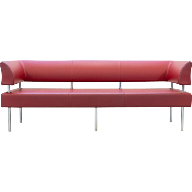 Vintage 3-Sitzer Sofa in rotem Leder und verchromten Eisenbeinen, Italien 1990
