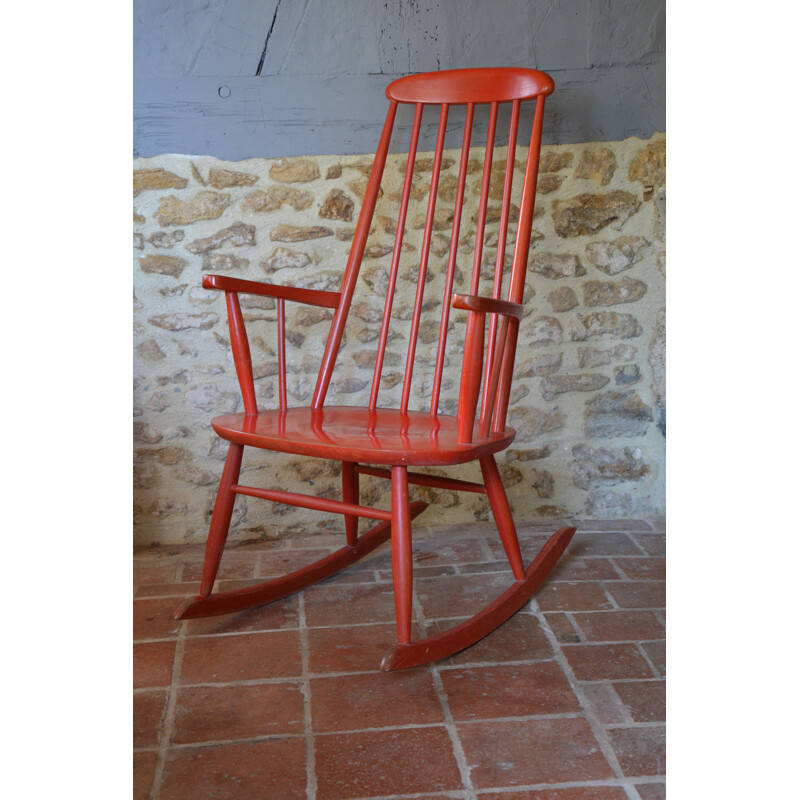 Red rocking chair produced by Farstrup Mobler - 1960s