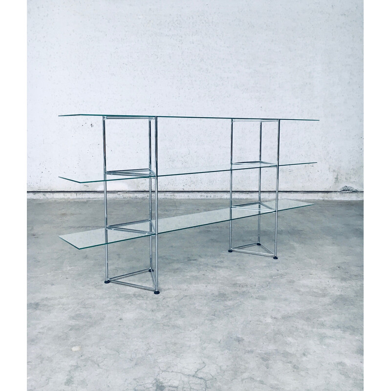 Vintage slender glass and metal shelf, Italy 1980