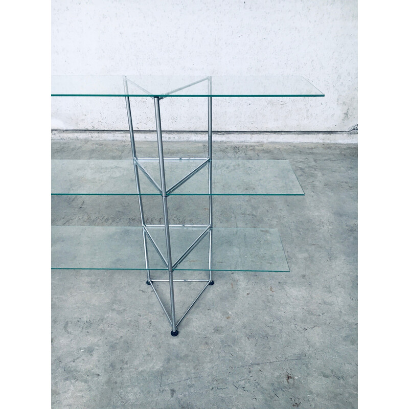 Vintage slender glass and metal shelf, Italy 1980