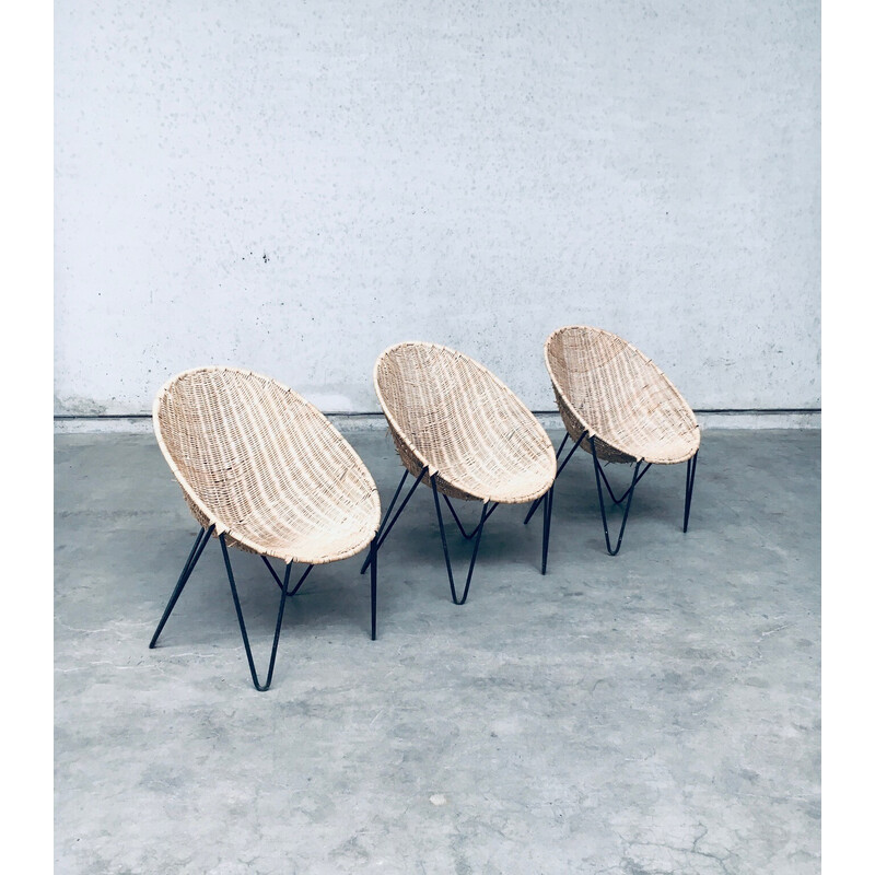 Set of 3 vintage “Egg Basket” wicker chairs, Italy 1950