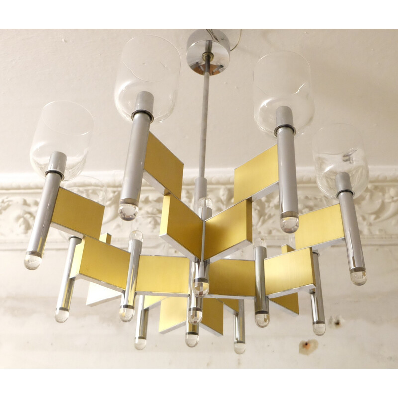 Italian vintage geometrical chandelier by Gaetano Sciolari - 1970s