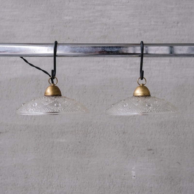 Pair of vintage brass and glass pendant lamp, France 1960