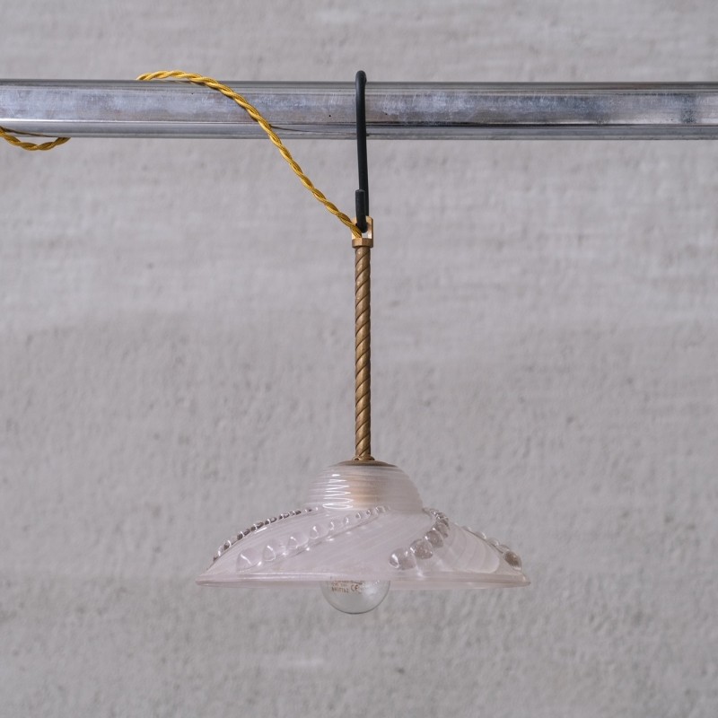 Pair of vintage brass and glass pendant lamp, France 1970