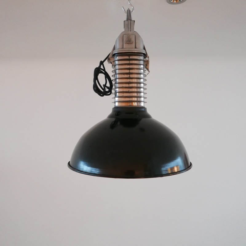 Pair of vintage industrial cast aluminum pendant lamp for Philips, Netherlands 1950