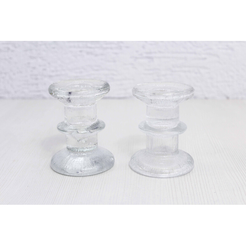Pair of vintage thick glass candlesticks by Timo Sarpaneva for Iittala Finland, 1966