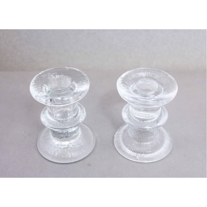 Pair of vintage thick glass candlesticks by Timo Sarpaneva for Iittala Finland, 1966