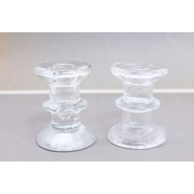 Pair of vintage thick glass candlesticks by Timo Sarpaneva for Iittala Finland, 1966