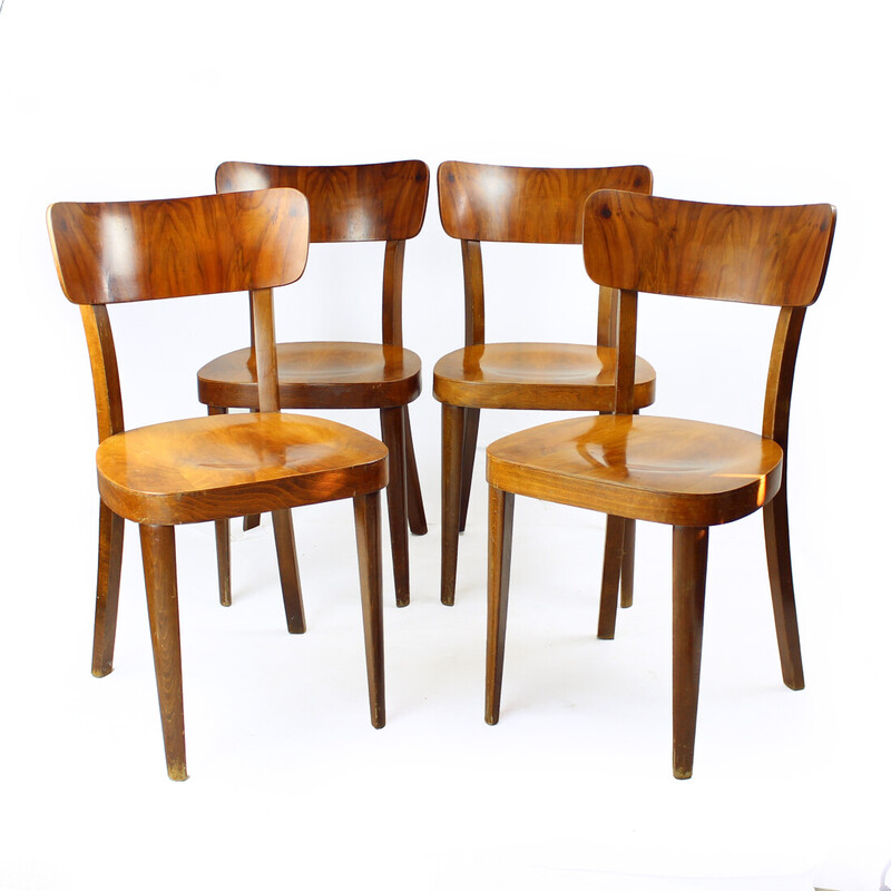 Set of 4 dining chairs in oak and walnut veneer, Czechoslovakia 1950