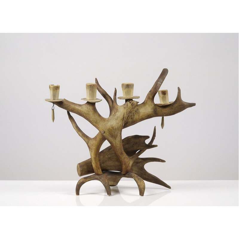 Vintage traditional reindeer wood candlestick, Sweden 1950