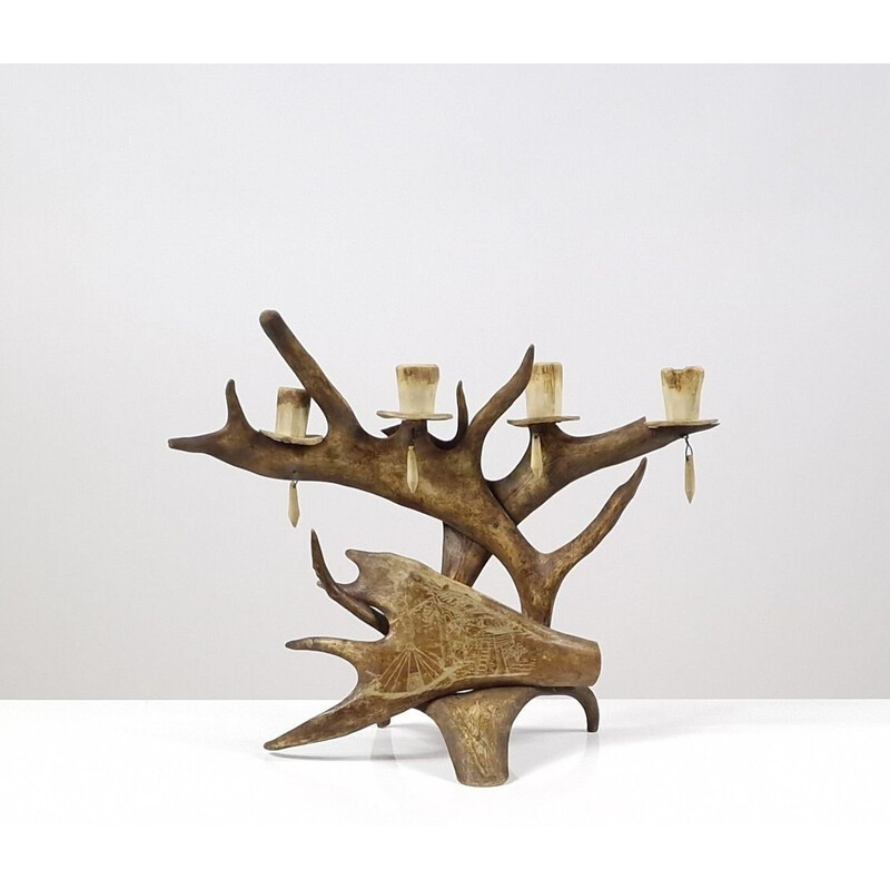 Vintage traditional reindeer wood candlestick, Sweden 1950