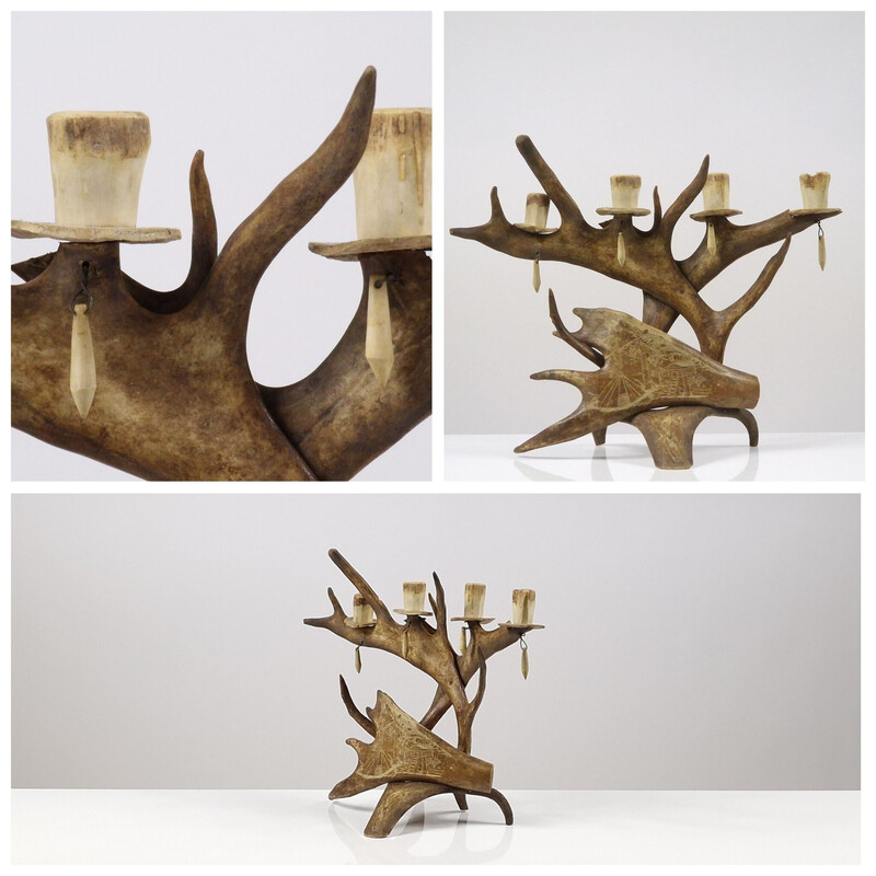 Vintage traditional reindeer wood candlestick, Sweden 1950