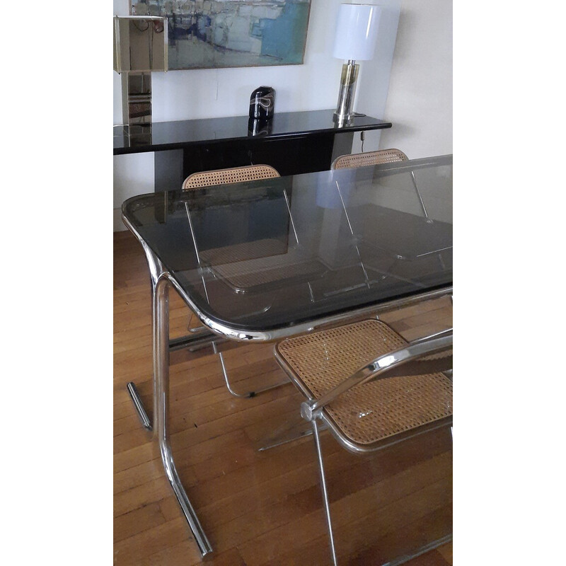 Vintage rectangular dining table in smoked glass and chromed stainless steel, 1970