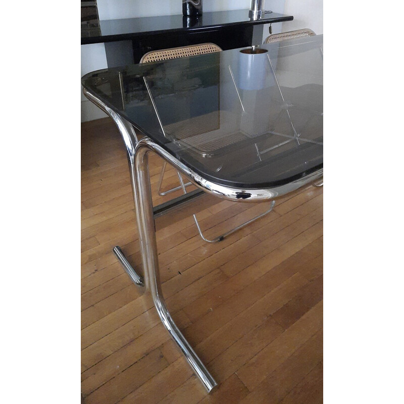 Vintage rectangular dining table in smoked glass and chromed stainless steel, 1970