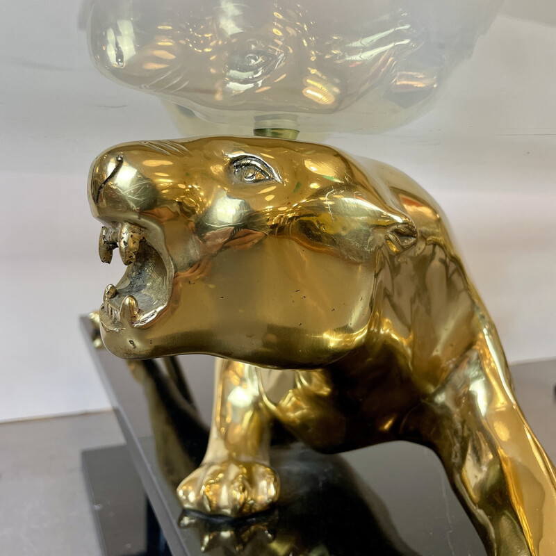 Vintage coffee table Panther in bronze and marble, France 1980