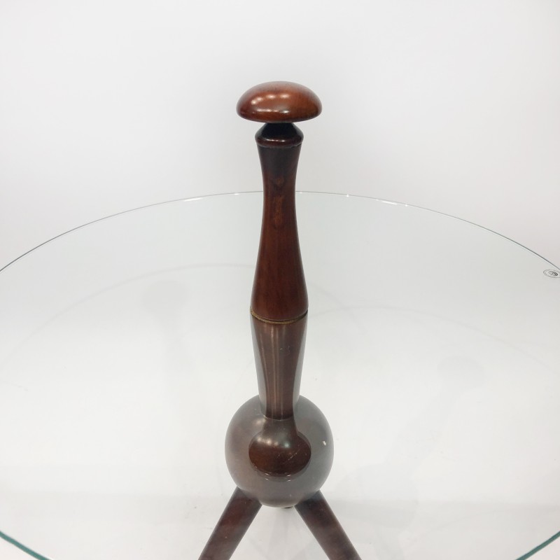 Vintage tripod side table in wood and glass by César Lacca, Italy 1950
