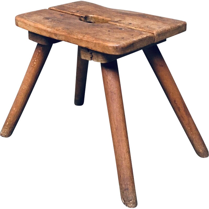 Tabouret de lait vintage Art Populaire en chêne massif, Belgique 1980